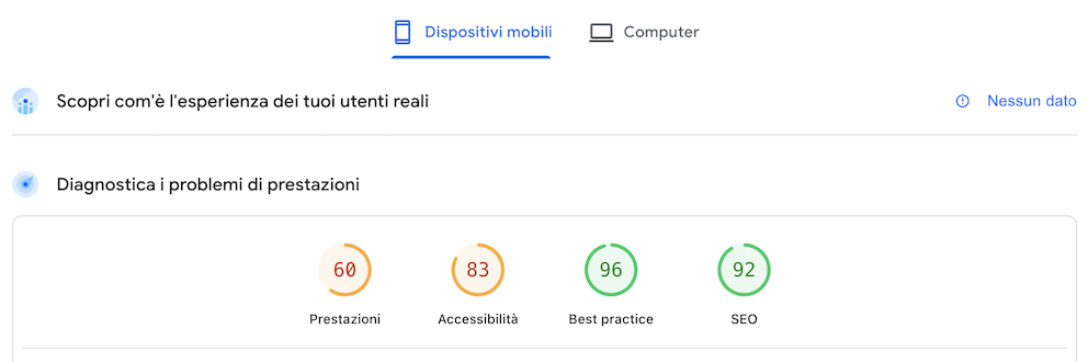 PageSpeed prima dell’ottimizzazione
