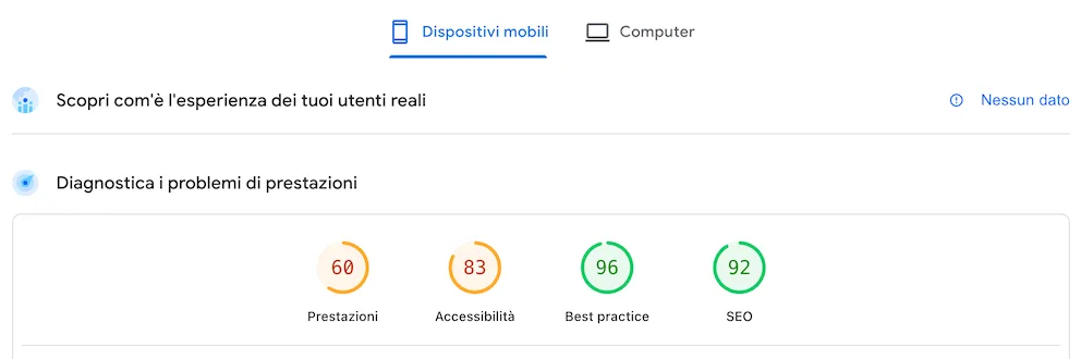 PageSpeed prima dell’ottimizzazione